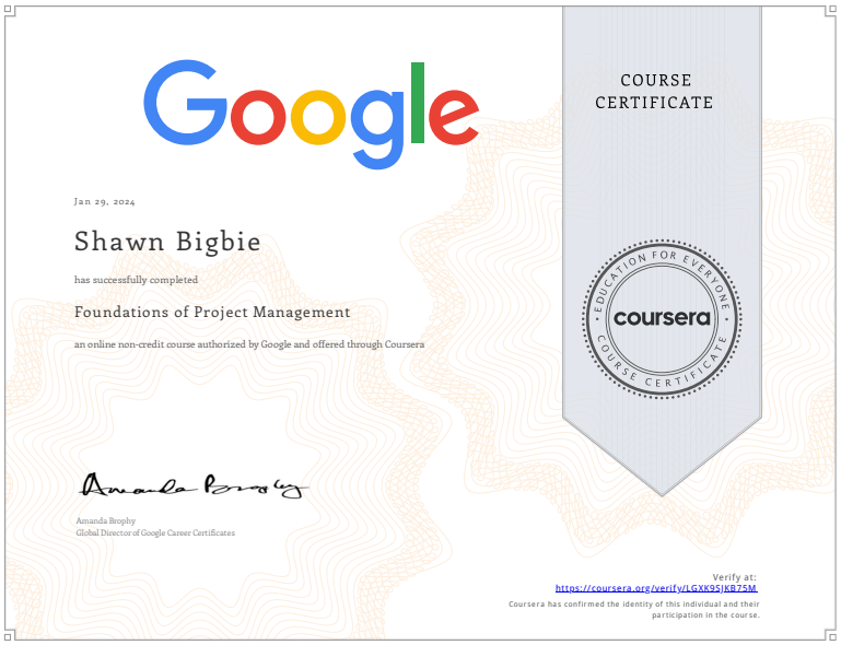 Coursera Foundations of Project Management Cert